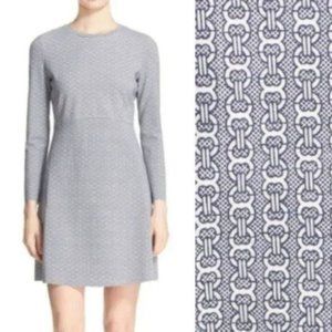Tory Burch Blue White Corinne Chain Print Ponte A-Line Dress Chic Long Sleeve